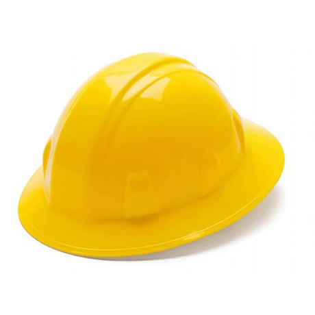 A Pyramex SL Series Full Brim 4-Pt Ratchet Hard Hat from Pyramex Safety is displayed against a plain white background. This yellow hard hat boasts a sleek, classic construction design and is crafted from high-density polyethylene, featuring a shiny and smooth finish with a ratchet suspension for improved comfort and fit.