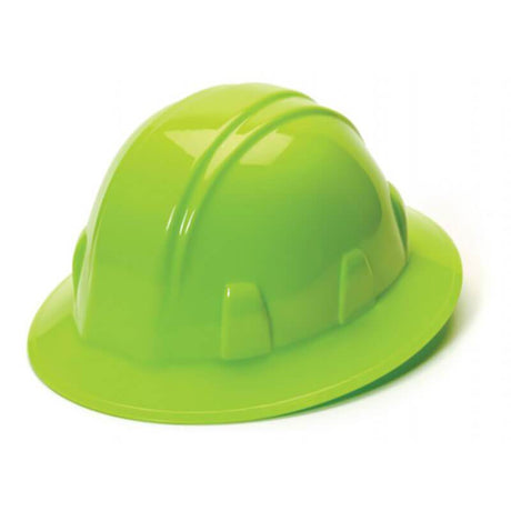 A Pyramex SL Series Full Brim 4-Pt Ratchet Hard Hat from Pyramex Safety, made of high density polyethylene, is displayed against a plain white background. This bright green helmet showcases a smooth, rounded crown with two parallel ridges for enhanced structural support and includes a 4-point ratchet suspension system to ensure optimal comfort.