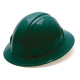 The Pyramex Safety SL Series Full Brim 4-Pt Ratchet Hard Hat, made from high-density polyethylene, is a polished green helmet with a smooth finish. It includes a full brim around the base and ratchet suspension, making it ideal for safety in construction or industrial settings. The hard hat is shown against a plain white background.