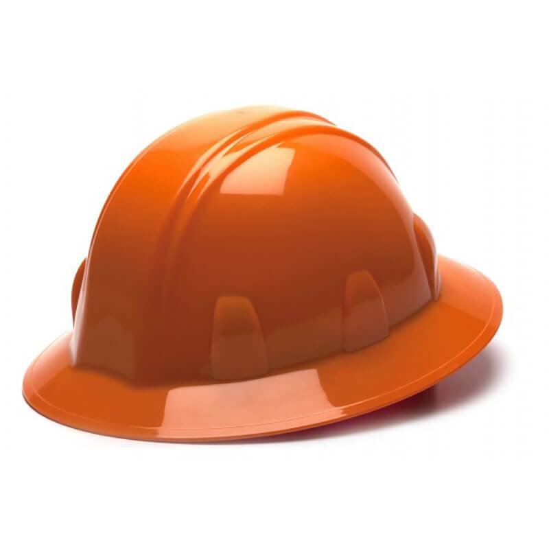 A Pyramex Safety SL Series Full Brim 4-Pt Ratchet Hard Hat, made from high-density polyethylene, rests on a white background, highlighting its sleek, glossy finish and curved brim. The ratchet suspension system guarantees a secure fit for maximum safety on the job.