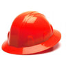 A Pyramex Safety SL Series full brim hard hat, crafted from high-density polyethylene and featuring a 4-point ratchet suspension, is displayed against a white backdrop at an angle.