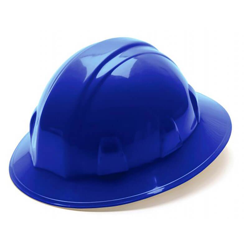 The Pyramex SL Series Full Brim 4-Pt Ratchet Hard Hat, crafted from high-density polyethylene with a glossy blue finish, features both a brim and ventilation grooves. It comes equipped with ratchet suspension to ensure a secure fit and is set against a white background. This product is offered by Pyramex Safety.