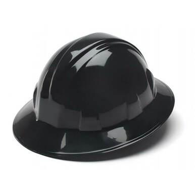 The image showcases a Pyramex Safety hard hat from the SL Series, featuring a full-brim design. Made from high-density polyethylene for exceptional protection, the hat is presented against a plain white background. It boasts a smooth, glossy finish and includes 4-point ratchet suspension for customizable fitting while retaining the classic construction helmet shape.