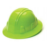 The Pyramex SL Series Full Brim 4-Pt Ratchet Hard Hat, from Pyramex Safety, is a vibrant green hard hat crafted from high-density polyethylene. It boasts a smooth and glossy finish as well as a rounded brim and reinforced ridges to enhance safety. Additionally, it includes ratchet suspension for maximum comfort.