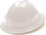 A Pyramex SL Series Full Brim 4-Pt Ratchet Hard Hat, crafted from high-density polyethylene with a glossy finish, rests on its side.