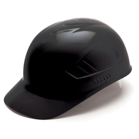 Presenting the Pyramex Safety Ridgeline Bump Cap 4 Pt Ratchet Hard Hat, a black, glossy headwear option featuring a wide brim and ventilation holes on the sides. This cap is specifically designed for use in industrial or construction environments and offers 4-point glide suspension to enhance comfort while protecting against scalp lacerations.