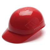 A red baseball helmet with a glossy finish, designed with side ventilation holes and a front curved visor, provides protection against scalp lacerations comparable to the Pyramex Safety Ridgeline Bump Cap 4 Pt Ratchet Hard Hat.