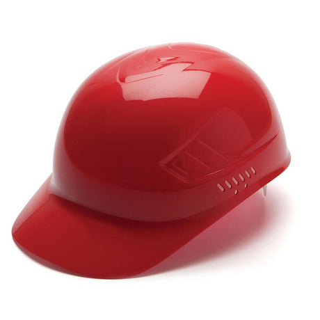 A red baseball helmet with a glossy finish, designed with side ventilation holes and a front curved visor, provides protection against scalp lacerations comparable to the Pyramex Safety Ridgeline Bump Cap 4 Pt Ratchet Hard Hat.