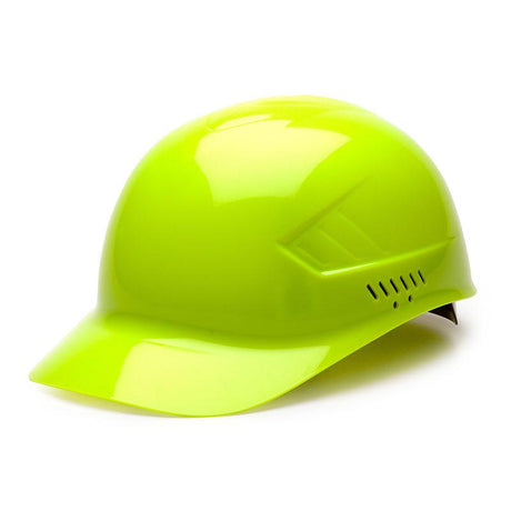 The Pyramex Safety Ridgeline Bump Cap, available in a bright lime green color, features a glossy finish and short brim with side ventilation slots. Equipped with 4-point ratchet suspension, it offers superior protection against scalp lacerations in construction or industrial environments.