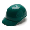 The Pyramex Ridgeline Bump Cap 4 Pt Ratchet Hard Hat by Pyramex Safety, featuring a glossy green finish, a short brim, and ventilation slits, rests on a white background. It offers 4-point glide suspension for enhanced comfort and protection against scalp lacerations.