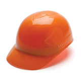 The Pyramex Safety Pyramex Ridgeline Bump Cap 4 Pt Ratchet Hard Hat (16/Box) showcases a glossy orange shell with a short brim and 4-point glide suspension, providing crucial head protection against scalp lacerations.