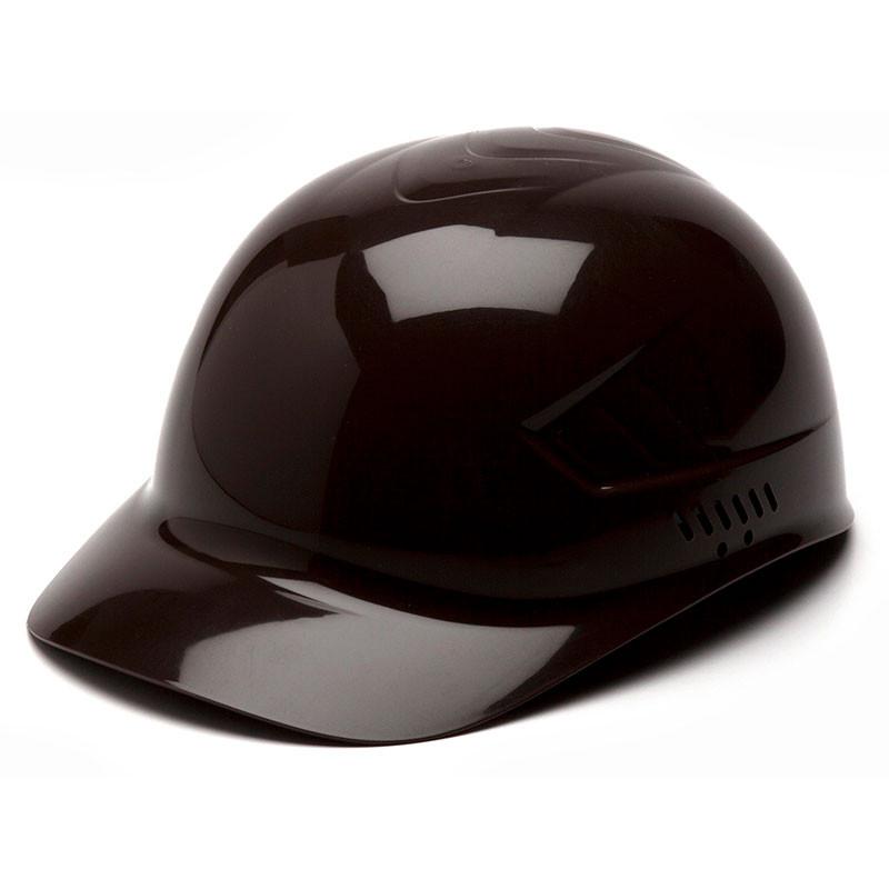 The Pyramex Safety Ridgeline Bump Cap 4 Pt Ratchet Hard Hat (16/Box) is a glossy black helmet featuring a short visor and ventilation holes that provide advanced scalp laceration protection. Its sleek design, showcased on a white background, includes a 4-point glide suspension for enhanced comfort.