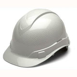 Displayed against a simple backdrop is a Pyramex Safety Hydro Dipped Ridgeline Cap Style hard hat. Featuring a sleek, glossy finish with gentle grooves and subtle texture, this helmet is crafted for construction or industrial settings. Its low-profile design boasts four-position harness points to ensure superior comfort and fit.