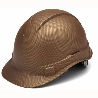 The Pyramex Safety Hydro Dipped Ridgeline Cap Style hard hat, shown from a side angle, features a low profile design with a textured brown surface. Its brim and straps are visible, offering safety and protection with four-position harness points for customizable comfort.