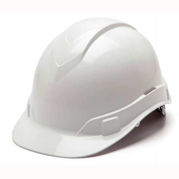 A Pyramex Ridgeline Cap Style 4 Pt Ratchet Hard Hat, in white, is displayed against a plain background. Its smooth surface and front brim are visible, highlighting its protective design, low-profile construction, and adjustable 4-position harness commonly used in construction or industrial environments.