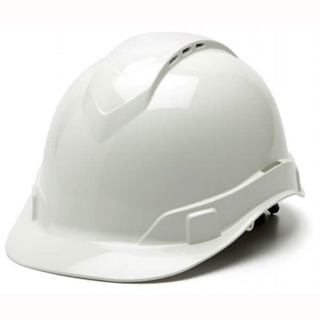 The Pyramex Safety Ridgeline Vented Cap Style Hard Hat features a sleek design with a short brim and comes in white. It includes air vents for lightweight protection and comfort, and it has an adjustable strap inside to provide a secure fit.