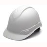 The Pyramex Safety Hydro Dipped Ridgeline Cap Style hard hat is a white safety helmet with a textured finish, designed to provide head protection in construction or industrial environments. It features four harness points for adjustable fitting, a low profile design, a curved brim, and an interior that can be tailored for secure comfort.