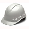 The Pyramex Safety Hydro Dipped Ridgeline Cap Style hard hat features a glossy finish and textured surface with a front visor, offering a low-profile design and 4-point ratchet harness system, making it ideal for head protection in construction or industrial environments.