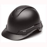 A Pyramex Safety Hydro Dipped Ridgeline Cap Style hard hat with a textured black surface for optimal head protection, showcased against a simple white background. Its low-profile design features 4-position harness points, providing a comfortable and secure fit.