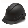 The Pyramex Safety Hydro Dipped Ridgeline Vented Cap Style hard hat, available in a case of 16, boasts a smooth matte black finish with subtle ventilation slots on top and a low center of gravity to enhance stability.