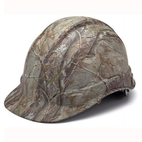 The Pyramex Hydro Dipped Ridgeline Cap Style 4Pt Ratchet, produced by Pyramex Safety, features a camouflage pattern with earthy tones and a leaf-inspired design. Its low-profile design and 4-position harness points stand out against a simple background.