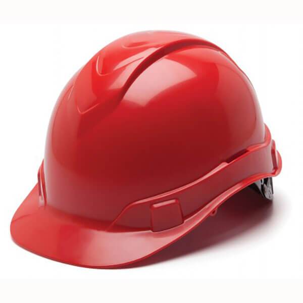 Introducing the Pyramex Safety Ridgeline Cap Style 4 Pt Ratchet Hard Hat, a sleek and shiny red construction safety helmet boasting a smooth, glossy finish. This lightweight protective gear features a low-profile design with a curved brim and an adjustable interior strap for a secure fit.