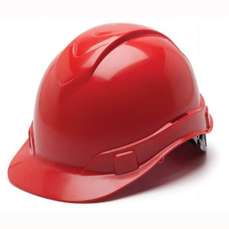 Introducing the Pyramex Safety Ridgeline Cap Style 4 Pt Ratchet Hard Hat, a sleek and shiny red construction safety helmet boasting a smooth, glossy finish. This lightweight protective gear features a low-profile design with a curved brim and an adjustable interior strap for a secure fit.