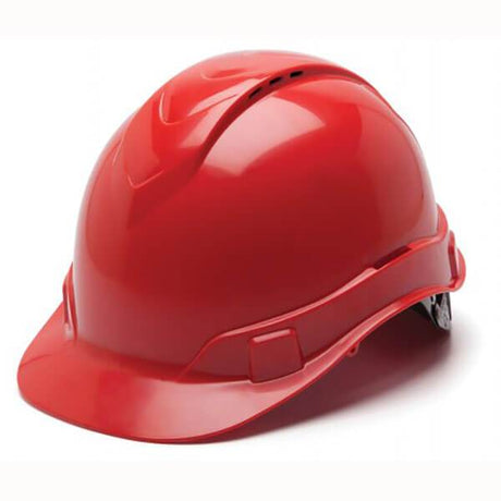 A sleek red Pyramex Ridgeline Vented Cap Style Hard Hat by Pyramex Safety, showcasing ultra-light protection with top air vents for excellent airflow. It features adjustable four-point ratchet straps for a perfect fit, all elegantly displayed on a white background.