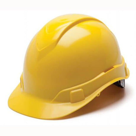 The Pyramex Safety Ridgeline Cap Style 4 Pt Ratchet Hard Hat, featuring a smooth bright yellow surface and designed for lightweight protection, stands out against a white background.