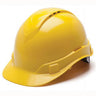 A vibrant yellow Pyramex Safety Ridgeline Vented Cap Style 4Pt Ratchet Hard Hat, showcasing a sleek and glossy surface. This exceptionally lightweight protective helmet is equipped with a short brim and adjustable straps, crafted to ensure safety in construction and industrial settings, set against a simple white background.