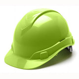 The Pyramex Ridgeline Cap Style 4 Pt Ratchet Hard Hat by Pyramex Safety is displayed in a vibrant green color with a glossy finish. This helmet offers lightweight protection with its low-profile design, front brim, and intricate lining, set against a white background.