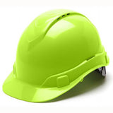 The Pyramex Safety Ridgeline Vented Cap Style 4-Point Ratchet Hard Hat, known for its ultra-lightweight design, stands out with a bright green finish and smooth, glossy surface. Its curved brim and vented crown are evident from the side view, ensuring optimal airflow.