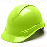 The Pyramex Safety Ridgeline Vented Cap Style 4-Point Ratchet Hard Hat, known for its ultra-lightweight design, stands out with a bright green finish and smooth, glossy surface. Its curved brim and vented crown are evident from the side view, ensuring optimal airflow.