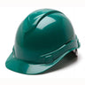 The Pyramex Safety Ridgeline Cap Style 4 Pt Ratchet Hard Hat, featuring a low profile design, is a glossy green helmet providing lightweight protection. Ideal for construction and industrial settings, it is showcased against a simple white background.