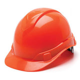 The Pyramex Safety Ridgeline Cap Style 4 Pt Ratchet Hard Hat is displayed against a white background, featuring a sleek, glossy finish. This orange helmet provides lightweight protection with its low profile design and includes a front brim for enhanced safety.