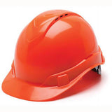 The Pyramex Safety Ridgeline Vented Cap Style 4Pt Ratchet Hard Hat offers ultra-light protection with a vibrant orange color and glossy finish. Its design includes vents for excellent airflow, while the adjustable ratchet strap ensures a secure fit.