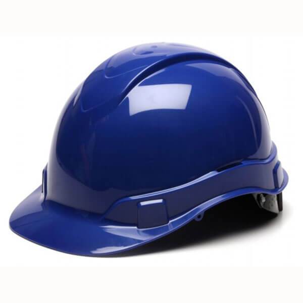 The Pyramex Ridgeline Cap Style 4 Pt Ratchet Hard Hat, offered by Pyramex Safety, is celebrated for its lightweight protection and sleek blue finish. With a low profile design that includes a small visor and adjustable straps, this hard hat combines style with practicality when displayed against a plain background.