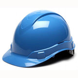 A Pyramex Ridgeline Cap Style 4 Pt Ratchet Hard Hat by Pyramex Safety is displayed against a plain white backdrop. This lightweight protective gear boasts a glossy blue finish, with a streamlined design featuring a smooth surface, curved peak, and secure side straps for comfortable wear.