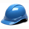 A Pyramex Ridgeline Cap Style 4 Pt Ratchet Hard Hat by Pyramex Safety is displayed against a plain white backdrop. This lightweight protective gear boasts a glossy blue finish, with a streamlined design featuring a smooth surface, curved peak, and secure side straps for comfortable wear.