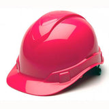 The Pyramex Safety Ridgeline Cap Style 4 Pt Ratchet Hard Hat provides lightweight protection with its low profile design, smooth glossy finish, front brim, and rear adjustment strap, making it ideal for construction or industrial environments.