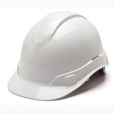 Against a plain background, a Pyramex Safety Ridgeline Cap Style 4 Pt Ratchet Hard Hat is displayed, highlighting its low-profile design. The hard hat has a sleek surface, a subtle brim, and ridged accents for lightweight protection.