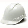 The Pyramex Safety Ridgeline Vented Cap Style 4Pt Ratchet HardHat features a glossy finish and vented cap design for enhanced airflow. This ultra-lightweight protection boasts a ridged top, short brim, and an adjustable strap at the back to ensure a comfortable and secure fit.