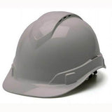 A Pyramex Safety Ridgeline Vented Cap Style Hard Hat with a curved brim and ventilation slits sits on a white surface, providing ultra-light protection.