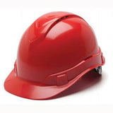 A red Pyramex Safety Ridgeline Vented Cap Style 4Pt Ratchet Hard Hat with a smooth, shiny surface is displayed against a plain white background, offering ultra-light protection with vented slots on the top.