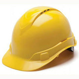 The Pyramex Safety Ridgeline Vented Cap Style 4Pt Ratchet Hard Hat, featuring a bright yellow color and smooth surface, offers ultra-light protection and is displayed against a plain white background.