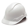 A Pyramex Ridgeline Cap Style 6 Pt Ratchet Hard Hat in white is displayed against a plain background, showcasing its low-profile design with smooth, curved lines. This Pyramex Safety helmet, meeting ANSI/ISEA Z89.1-2014 standards, includes a brim around the front and sides for optimal protection.