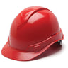 The Pyramex Ridgeline Cap Style 6 Pt Ratchet Hard Hat, offered by Pyramex Safety in a vibrant red color, features a smooth, glossy surface and low profile design. It is engineered for optimal head protection and complies with ANSI/ISEA Z89.1-2014 standards, beautifully showcased on a white background.