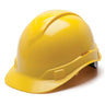 Against a plain white backdrop, the Pyramex Ridgeline Cap Style 6 Pt Ratchet Hard Hat from Pyramex Safety is featured in bright yellow, highlighting its smooth surface, low profile design, distinct ridge, and adjustable side straps.