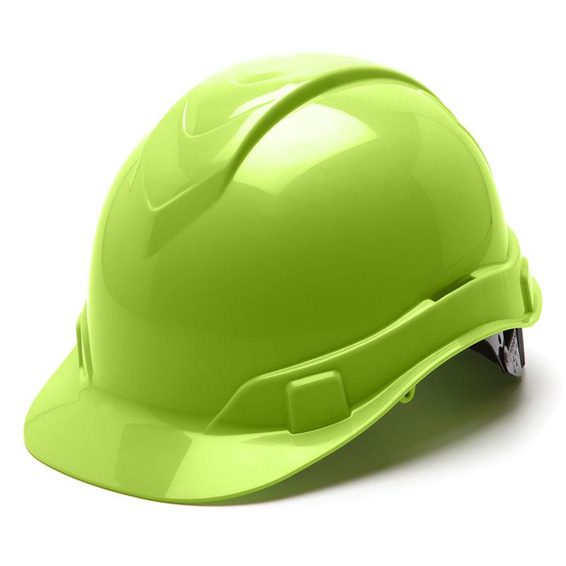 The Pyramex Ridgeline Cap Style 6 Pt Ratchet Hard Hat by Pyramex Safety comes in a bright green color with a smooth, glossy surface and a low profile design. It includes a front brim and an adjustable strap, adhering to ANSI/ISEA Z89.1-2014 standards for safety and protection in construction environments.