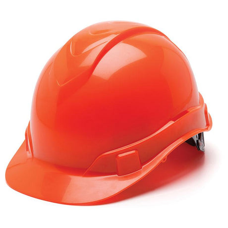 The Pyramex Ridgeline Cap Style 6 Pt Ratchet Hard Hat by Pyramex Safety features a vibrant orange color and a glossy surface. It has an attractive low-profile design with adjustable straps beneath it, photographed against a white background. This hard hat meets the ANSI/ISEA Z89.1-2014 standards for safety and reliability.